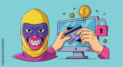 Cyber criminal with credit card and broken computer screen.