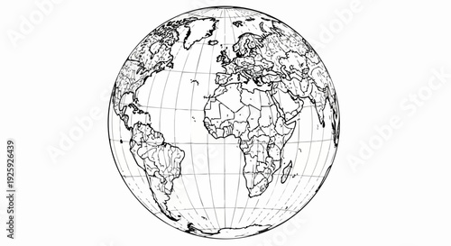 Detailed Black and White Globe Illustration Showing Continents and Borders.