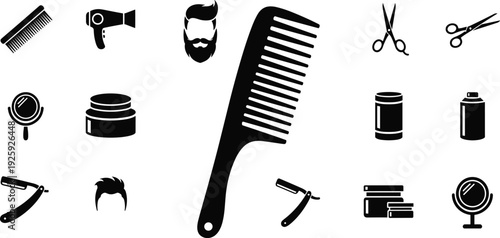Barber shop silhouette illustration, grooming vector art, hair styling tools, scissors, comb, razor, hairdryer, mirror, beard care, black and white drawing