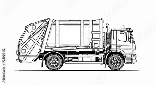 Detailed Line Drawing of a Modern Garbage Truck Side View.
