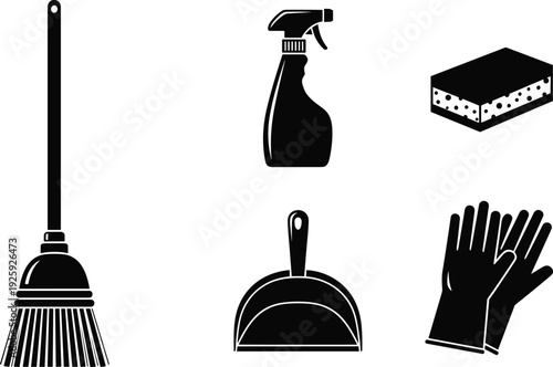 Cleaning tools icons set, broom silhouette, spray bottle, sponge illustration, dustpan icon, rubber gloves, household chores, hygiene, sanitation, black white vector