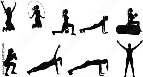 Fitness exercise silhouette illustration, workout poses vector art, strength training, cardio, yoga, stretching, healthy lifestyle, gym routine, black and white drawing
