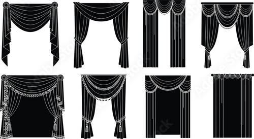 Curtain icons set, window drapery, fabric silhouette, ornate swag, tassel detail, layered valance, straight panel, home decor, interior design