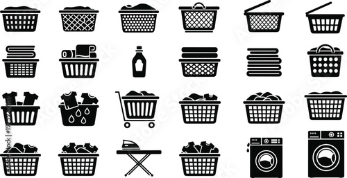 Laundry icons set, washing machine, detergent bottle, ironing board, folded clothes, laundry basket, household chores, cleaning service, black white illustration