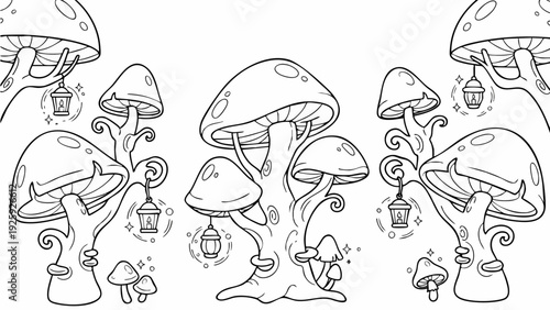 Enchanting Mushroom Forest with Hanging Lanterns.