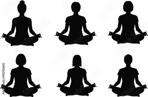 Meditation silhouette illustration, mindfulness vector art, yoga pose, mudra hand gesture, relaxation, calmness, spirituality, wellness, inner peace, black and white drawing