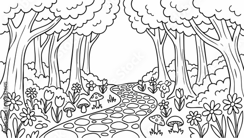 Enchanting Forest Path with Whimsical Mushrooms and Flowers.