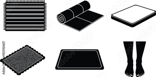 Mat icons, striped mat, rolled mat, rectangular mat, textured mat, bath mat, yoga mat, entrance mat, hygiene, home decor illustration