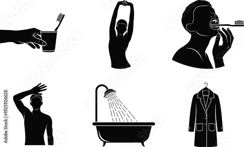 Morning routine icons set, toothbrush cup, stretching person, brushing teeth, waking up, bathtub shower, bathrobe hanger, hygiene, personal care, vector illustration