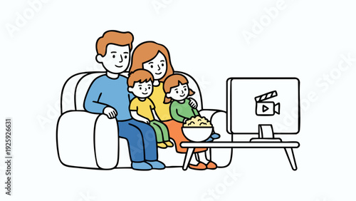 Family enjoying watching television together on the couch.