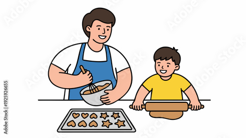 Father and son baking cookies together happily.