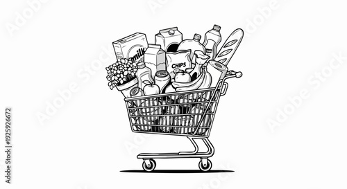 Full Shopping Cart Illustration With Assorted Groceries and Produce.