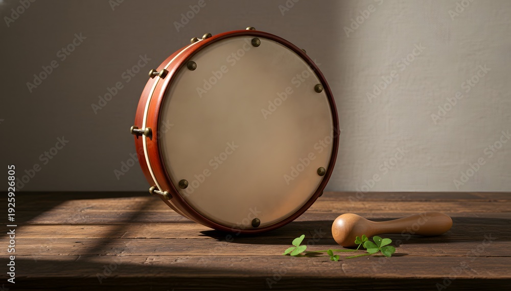 Fototapeta premium Traditional Irish bodhran drum with a tipper and shamrocks on a rustic wooden table, perfect for a St. Patrick's Day music concept