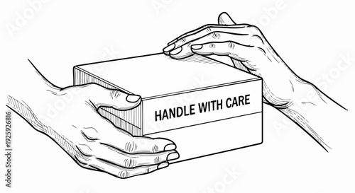 Hands passing a box labeled handle with care.