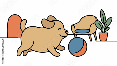 Happy dog playing with a ball in a room.