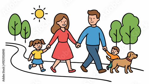 Happy family walking together with their dog on a sunny day.