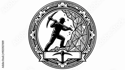 Miner working hard breaking rocks with pickaxe emblem.