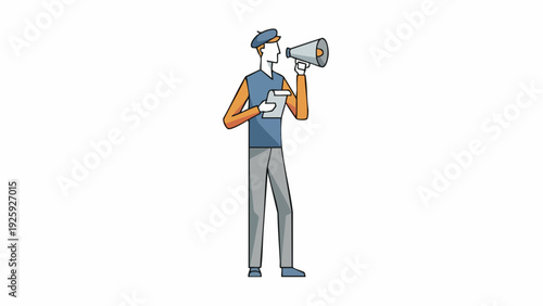 Man with Megaphone and Clipboard Announcing Information.