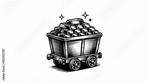 Mine cart filled with shiny gold bars illustration.