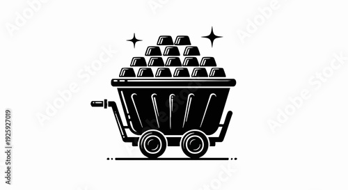 Mining cart filled with gold bars illustration.