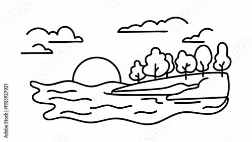 Minimalist Line Art of a Serene Lakeside Landscape with Trees and Sun.