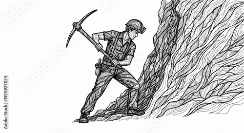 Miner working hard with pickaxe on rock face.