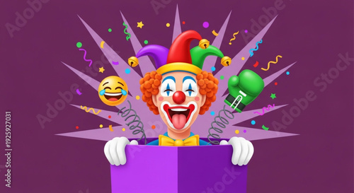 April Fools Day A whimsical jester clown springs from a vibrant surprise box, unleashing an explosion of confetti, laughter, and unexpected fun for festive events