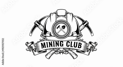 Mining Club Emblem with Hard Hat and Tools.