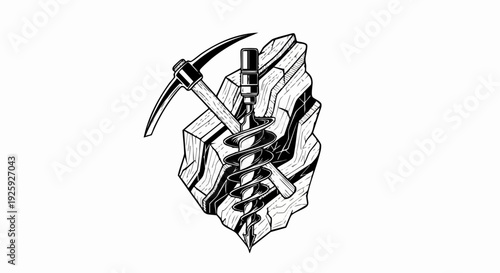 Mining Tools Extracting Ore From Rock Formation.