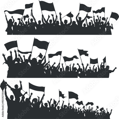 Protest Crowd Silhouette with Flags Set, Demonstration Rally People Banner, Political Crowd Vector