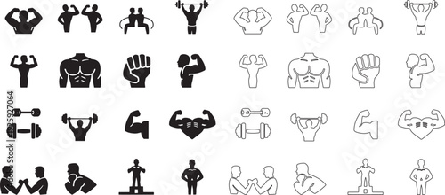 Bodybuilding and Fitness Icon Set – Muscular Poses, Dumbbells, and Strength Symbols for Gym and Workout Design