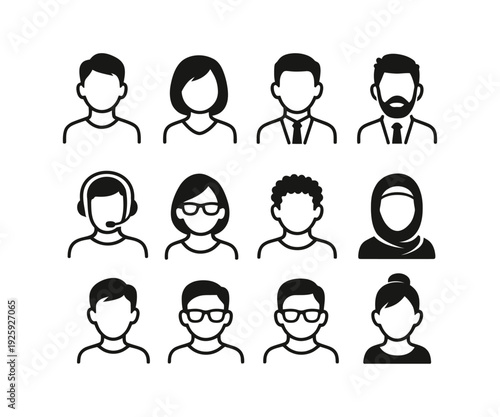 Collection of diverse minimalist avatar icons representing various people and user profiles.