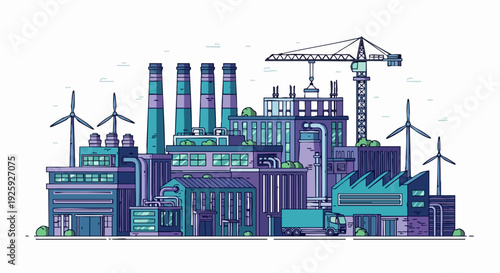 Modern Industrial Complex with Wind Turbines and Crane.