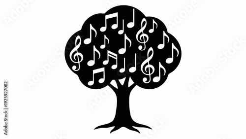 Musical Tree Silhouette with Notes and Clefs.