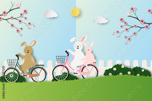 Happy Easter greeting card,Spring garden with cute rabbits happy on sunshine day