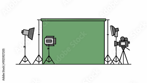 Professional photography studio setup with green screen and lighting equipment.