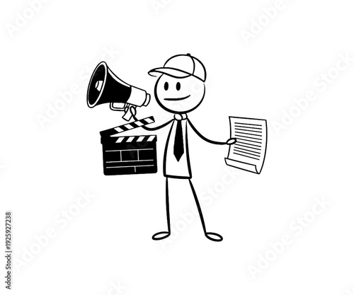 Simple stick figure cartoon depicting a film director holding a megaphone, clapperboard, and script, symbolizing movie production.