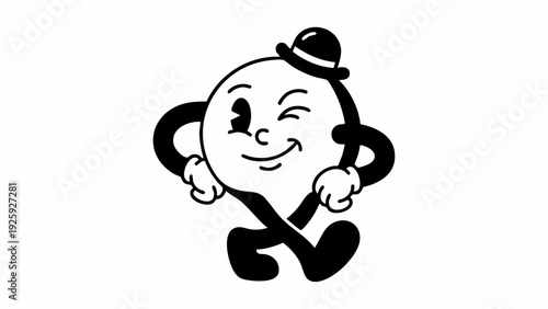 Retro cartoon character with a bowler hat winking.