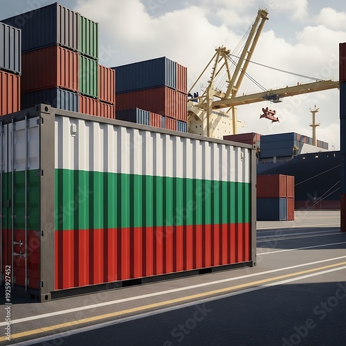 Bulgarian Flag Container at Port - International Trade and Logistics.