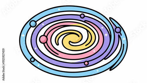 Stylized Spiral Galaxy with Planets and Stars Illustration.