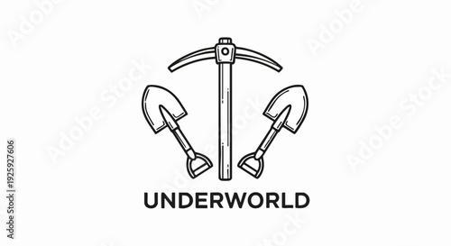 Underworld logo with pickaxe and shovels illustration.