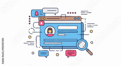 User Profile Interface with Magnifying Glass and Chat Bubbles.