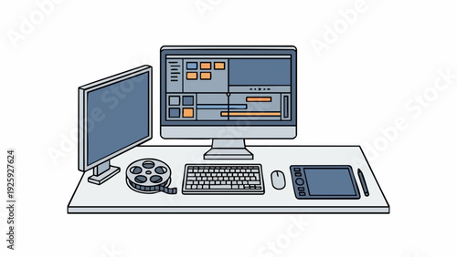 Video editing workstation with dual monitors and film reel.