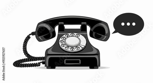 Vintage black rotary telephone with a speech bubble.