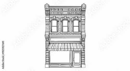 Vintage Building Facade Drawing with Awning and Windows.
