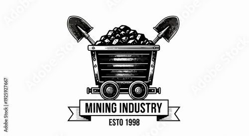 Vintage Mining Cart Filled With Coal and Tools Emblem.