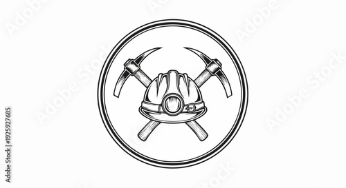 Vintage Mining Emblem with Crossed Pickaxes and Hard Hat.