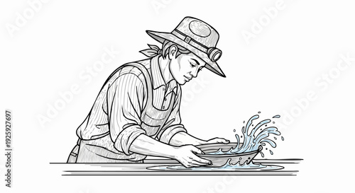 Vintage Prospector Woman Panning for Gold in a Stream.