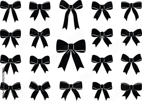 Comprehensive collection of black silhouette gift bow icons with elegant ribbon knots and decorative silk ties in various artistic styles isolated on white background