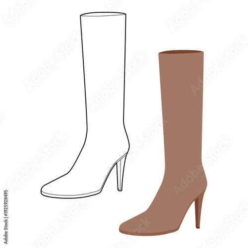 Brown classic stiletto knee-high shoes women flat plus line set. Smooth shaft with refined heel for winter, glamorous. Technical fashion illustration CAD mockup vector men unisex isolated chic style.